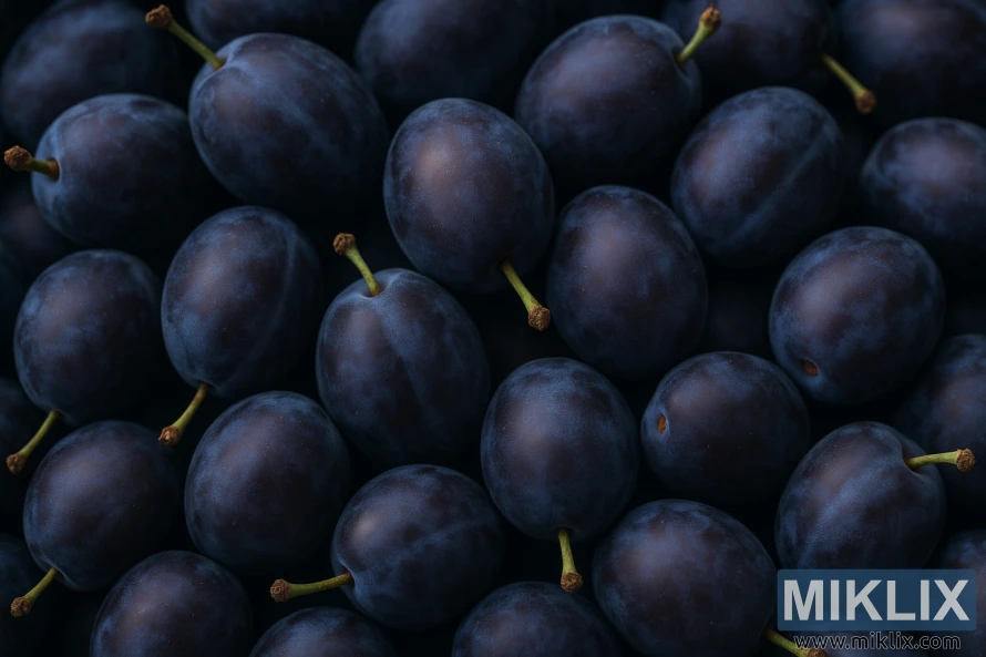Close-up of ripe Damson plums with deep purple-blue skins packed tightly together.