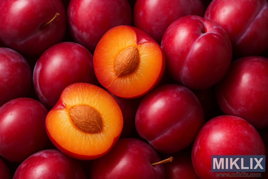 Close-up of ripe Santa Rosa plums with glossy red-purple skins and golden flesh halves.