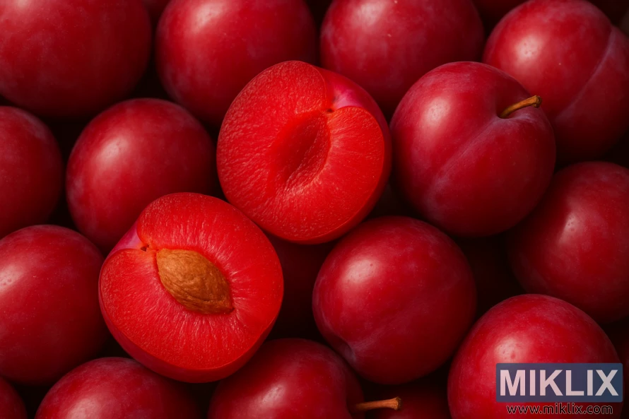 Close-up of ripe Methley plums with glossy red-purple skins and red flesh halves.