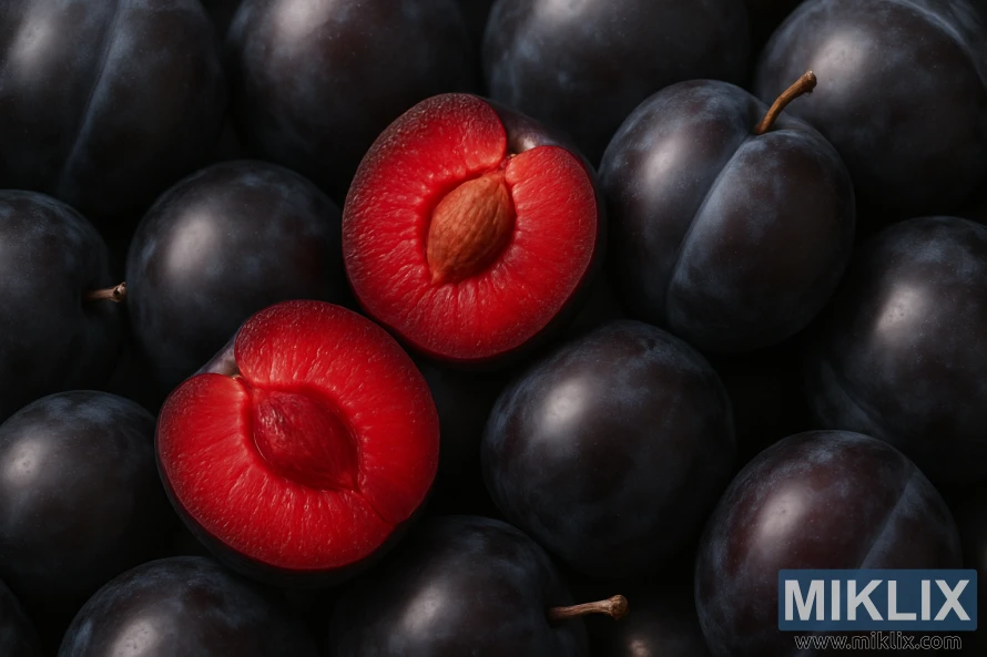 Close-up of ripe Satsuma plums with dark purple skins and ruby-red flesh halves.