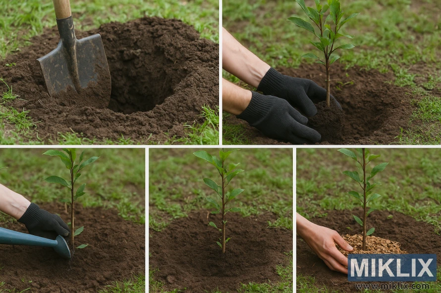 Photo collage showing five steps of planting a young plum tree in a garden.
