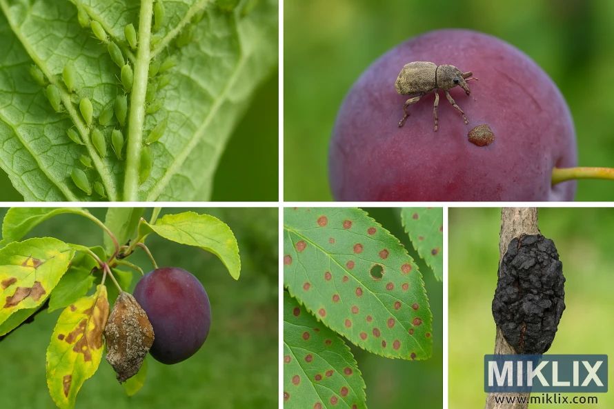 Photo collage showing five common plum tree pests and diseases in detail.