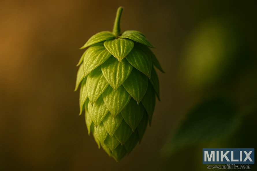Potret close-up satu kerucut hop Eroica hijau cerah pada latar belakang buram.