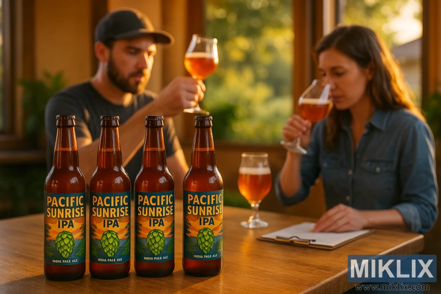Empat botol Pacific Sunrise IPA di atas meja kayu dengan para pembuat bir yang sedang mencicipi di latar belakang.