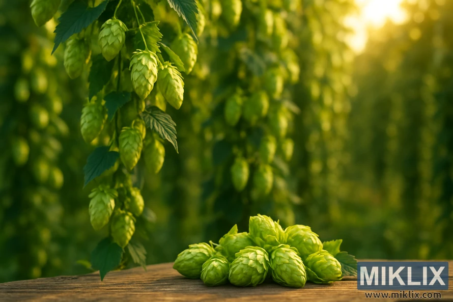 Ladang hop Toyomidori saat matahari terbenam keemasan dengan buah hop yang dipanen di atas permukaan kayu.