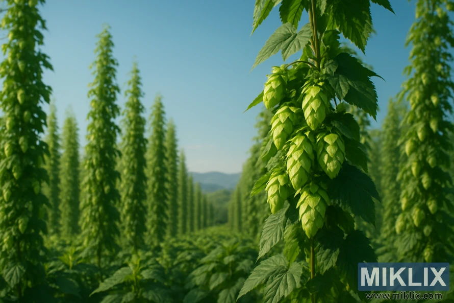 Ladang hop Toyomidori dengan pohon bintil hijau tinggi dan buah pohon gemuk di bawah sinar matahari sore yang keemasan.