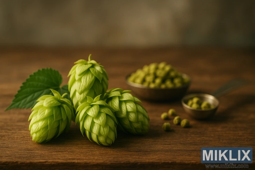 Kerucut hop Toyomidori di atas kayu dengan pelet hop dalam sendok dan mangkuk di dekatnya.