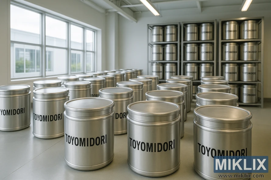 Ruang penyimpanan hop modern dengan deretan wadah baja tahan karat berlabel Toyomidori.