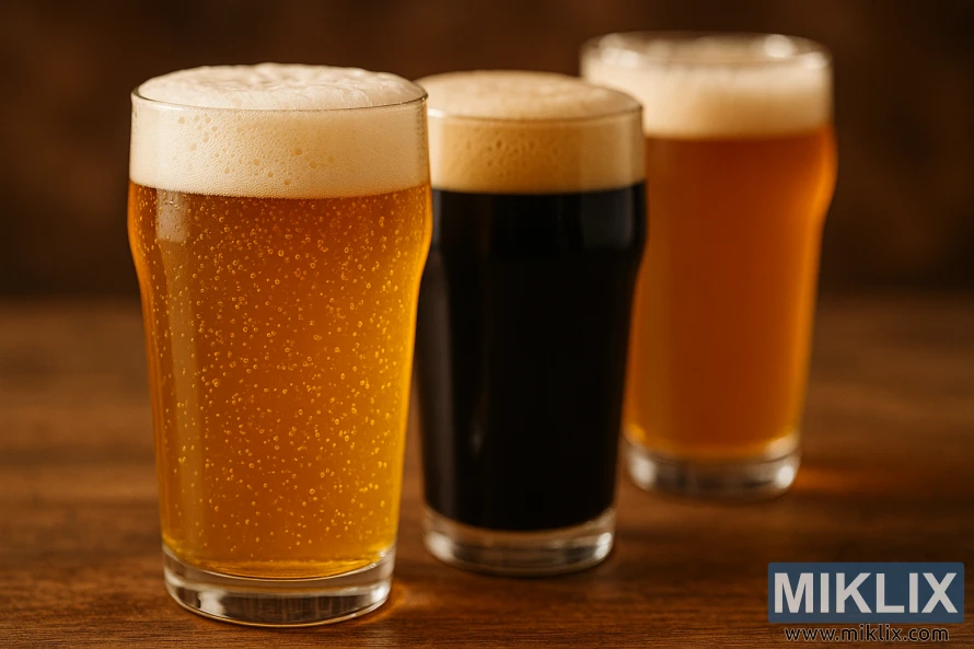 Tiga gelas bir pucat, stout, dan IPA di atas permukaan kayu pedesaan.