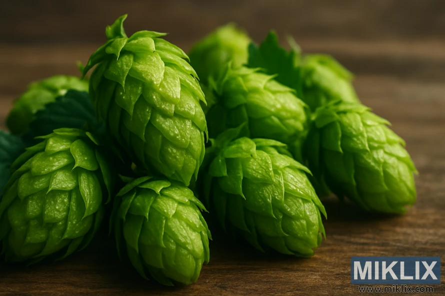 Close-up of freshly harvested Aramis hop cones on a rustic wooden surface.