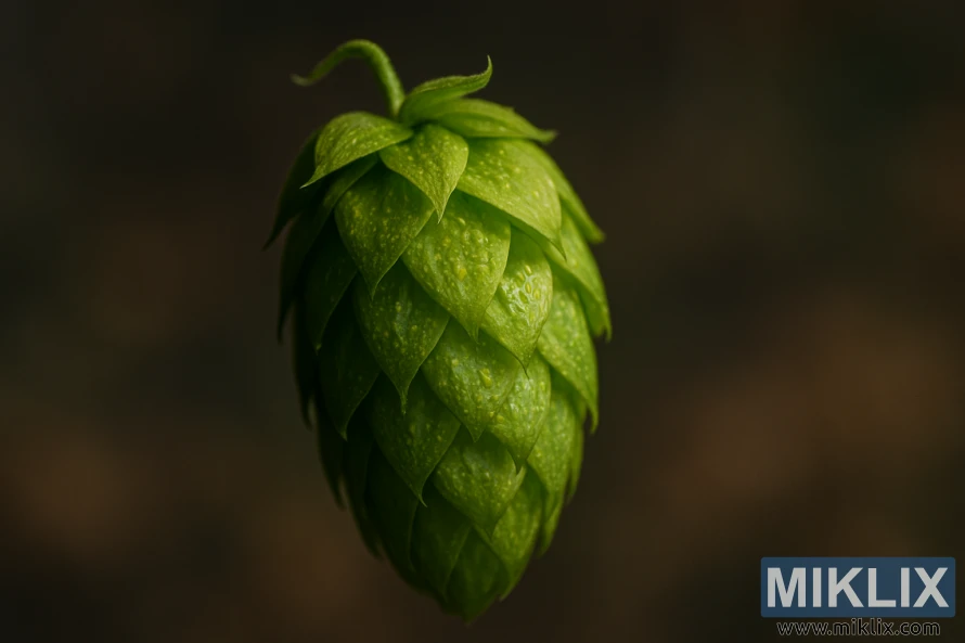 Close-up of a single Aramis hop cone against a softly blurred earthy background.