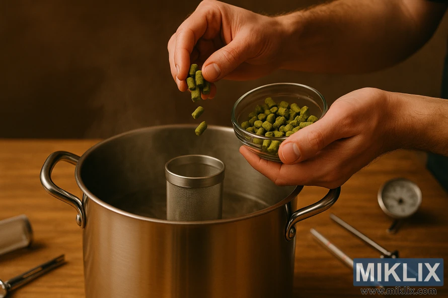 Brewer’s hands drop vibrant green Aramis hop pellets into a steaming steel kettle.