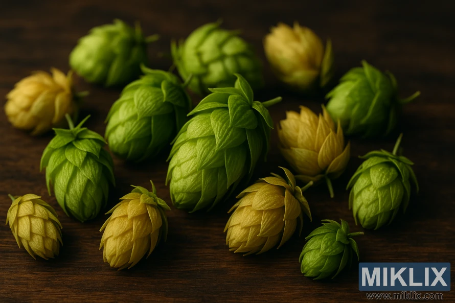 Assorted hop cones, including vibrant green Aramis hops, on a dark wooden surface.