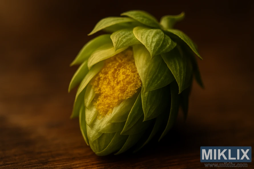 Macro close-up of an Aramis hop cone revealing golden lupulin glands.