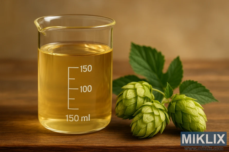 Glass beaker of golden liquid beside fresh green Amallia hop cones.