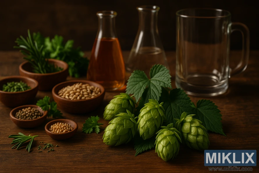 Assorted Amallia hops, herbs, grains, and flasks on a rustic table.