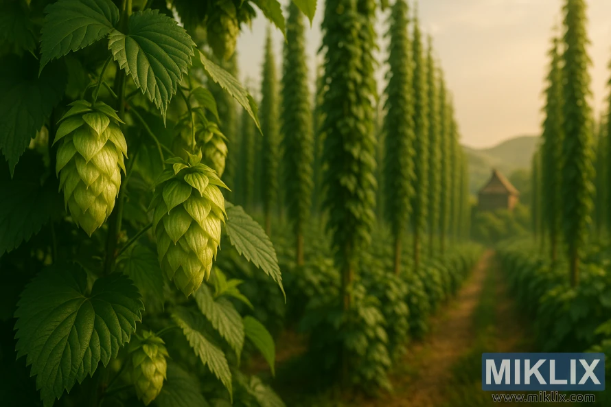 Lush Amallia hop field glowing in golden late-summer sunlight.