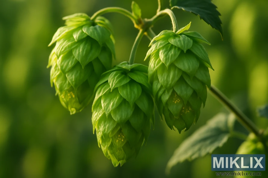 Close-up of lush green Calypso hop cones glowing in golden sunlight