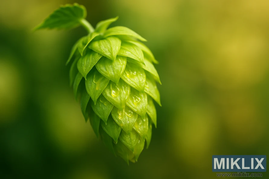 Close-up of a single vibrant green Calypso hop cone glowing in soft light