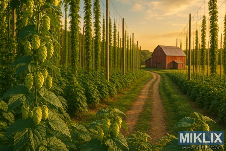 Sunlit hop field in Greensburg with tall green bines and a red barn