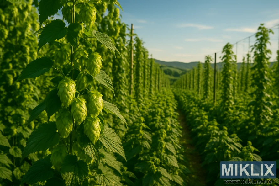 Sunlit hop field in Greensburg with ripe green cones and distant hills