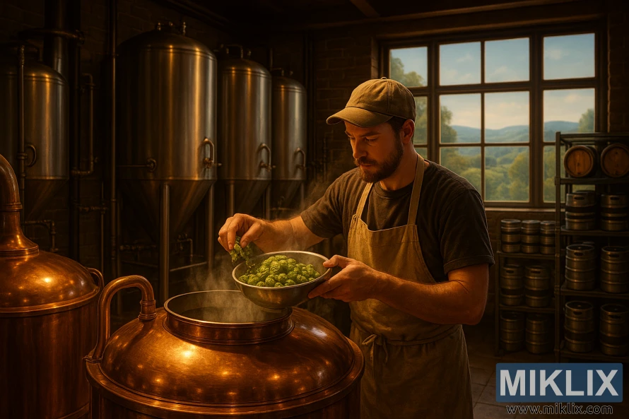 Brewer adding fresh green hops to a steaming copper kettle in warm light