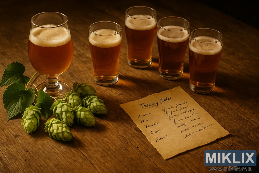 Fresh Greensburg hops beside amber beer glasses on a rustic wooden table