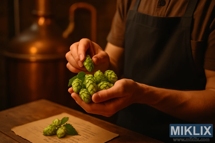 Brewer’s hands inspecting fresh green Greensburg hop cones in warm light