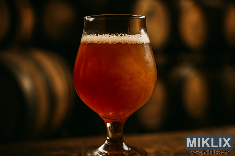 Tulip glass of hazy amber beer with foam, set before blurred wooden barrels.
