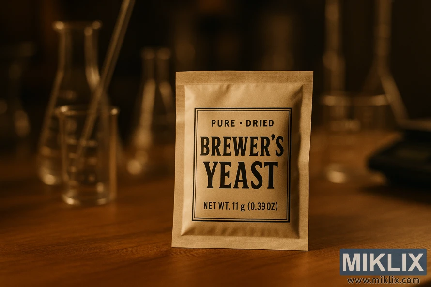 Small paper sachet labeled Brewer’s Yeast on a wooden table with blurred lab glassware.