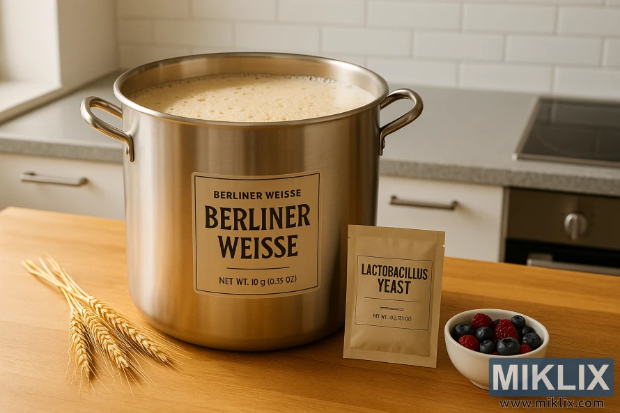 Stainless steel brew kettle of Berliner Weisse on a wooden counter with ingredients.