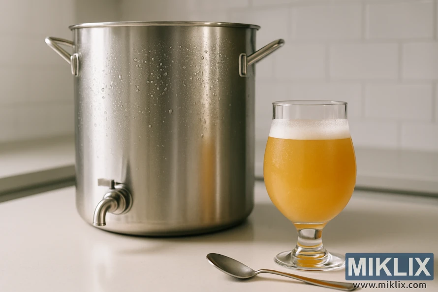 Stainless steel brewing vessel beside a tulip glass of hazy golden beer.