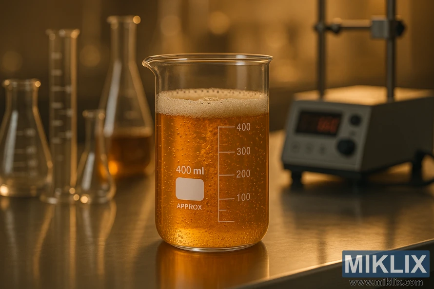 Close-up of a bubbling amber liquid in a glass beaker on a stainless lab counter under warm golden light.