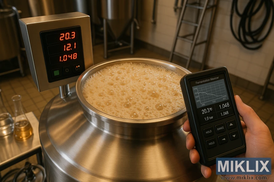 High-angle view of a stainless fermentation tank with foamy yeast and digital monitors showing live brewing data.