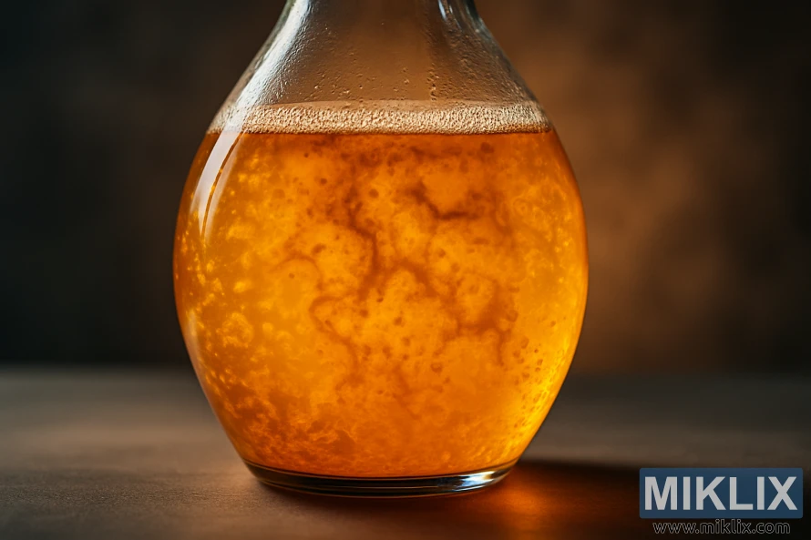 Glowing glass vessel of hazy golden liquid with swirling yeast particles and bubbles against a dark blurred background.