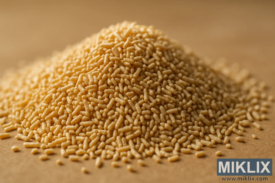 Close-up of a mound of dry golden-beige yeast granules with sharp detail against a softly blurred warm background.