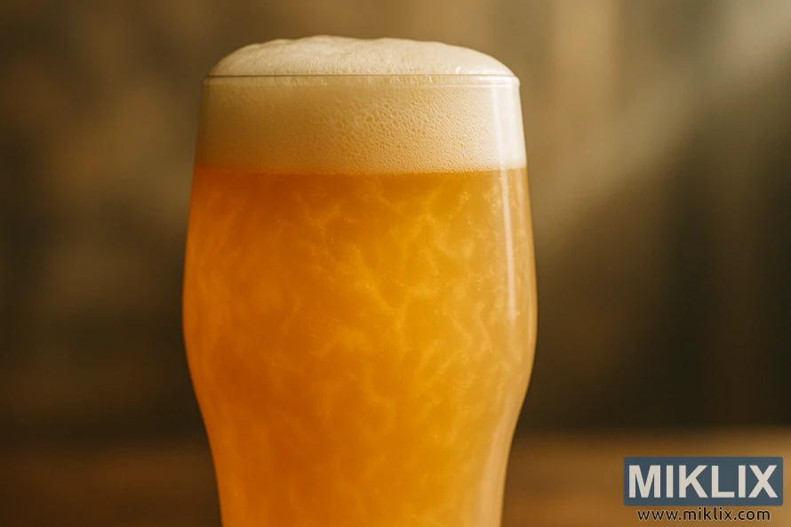 Close-up of a hazy golden unfiltered beer with creamy foam in a softly lit pint glass.