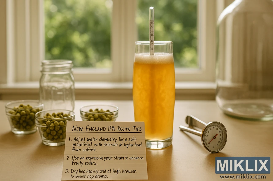 Organized homebrewing station with a recipe card, hops, hydrometer glass, and warm sunlight on a kitchen counter.