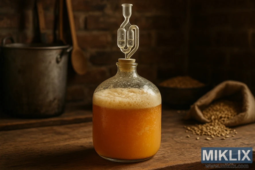 Rustic carboy fermenting hazy amber sour beer with krausen foam on a worn wooden table.