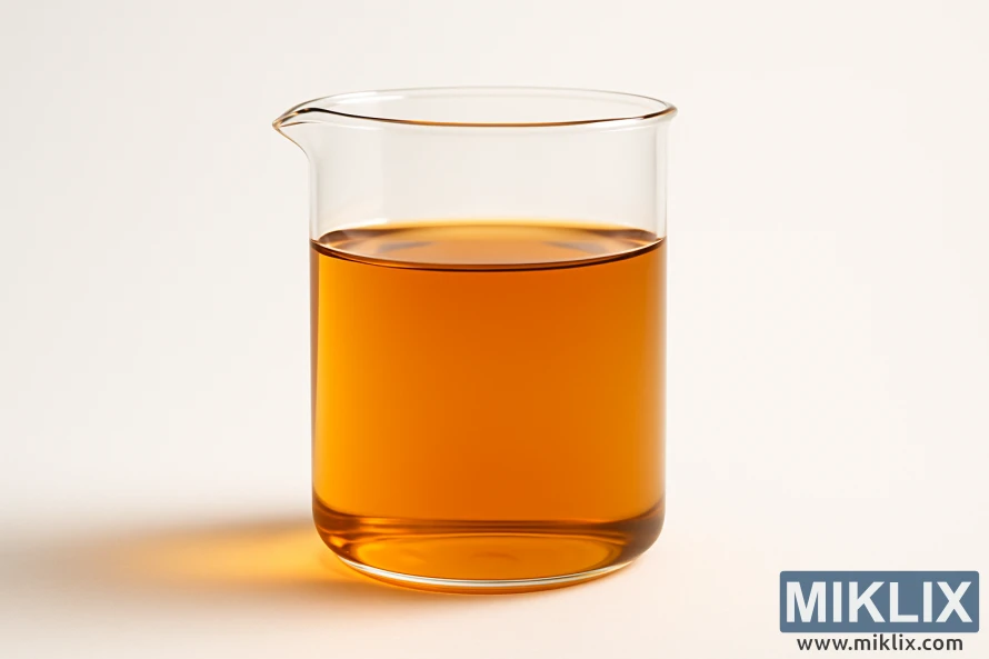 Clear glass beaker with warm amber liquid against a seamless white background under soft light.