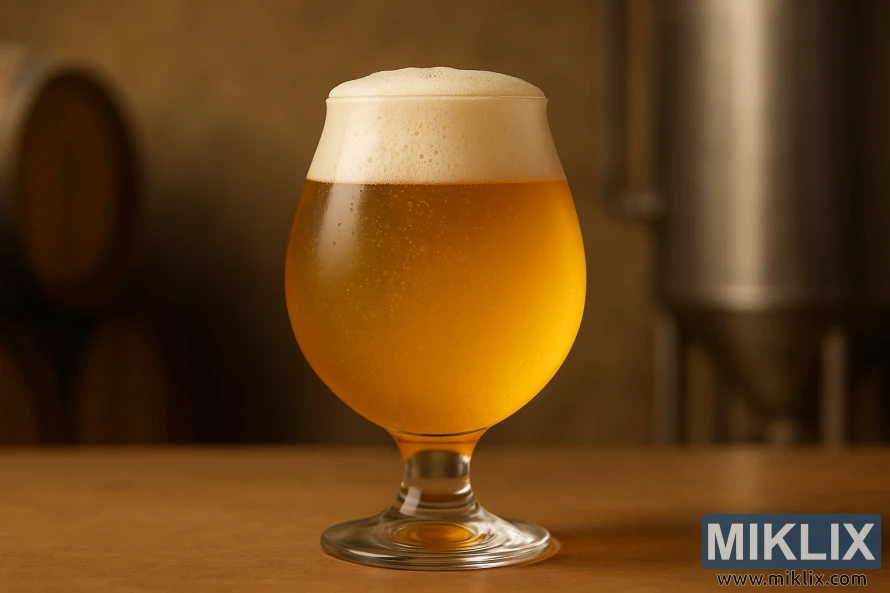 Tulip glass of sparkling golden sour beer with creamy foam on a warm-toned surface against a softly blurred brewery background.