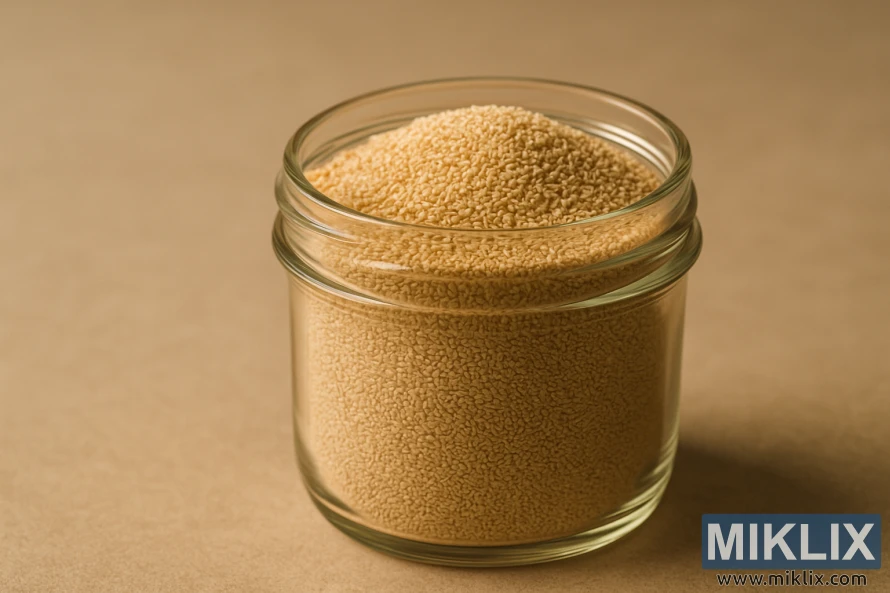 Close-up of a clear glass jar filled with dry brewer’s yeast granules on a neutral surface
