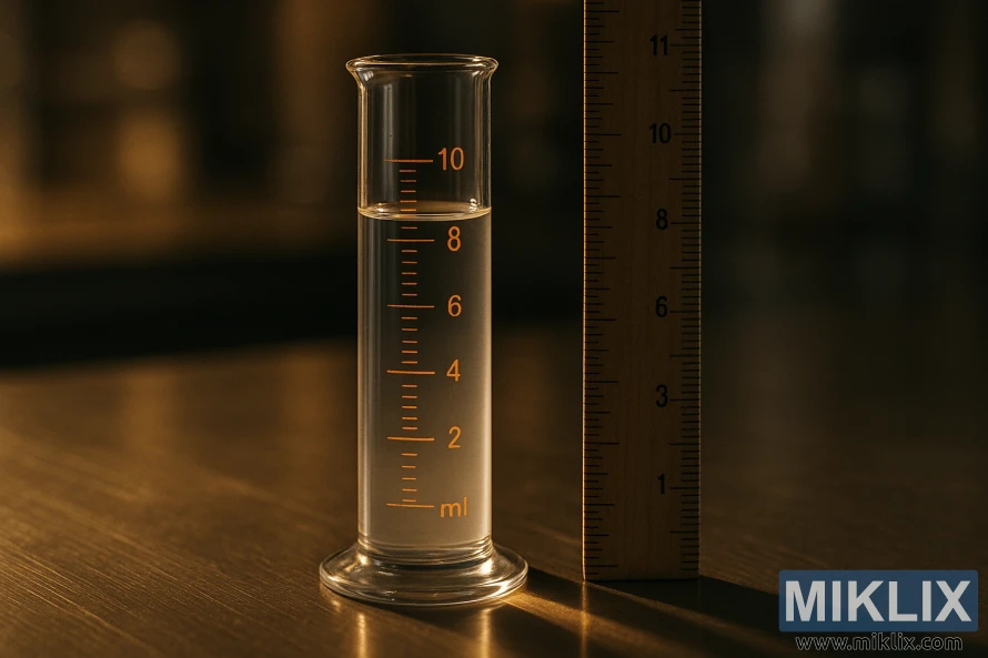 Graduated cylinder with 7 mL of clear brewer’s yeast slurry beside a wooden ruler
