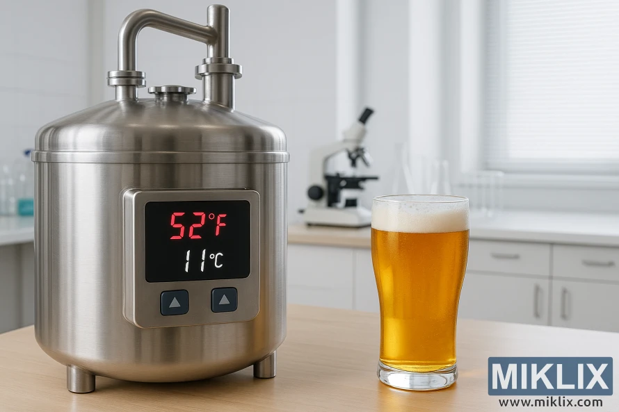 투명한 황금빛 라거 잔 옆에 52°F를 표시하는 스테인리스 스틸 발효기.