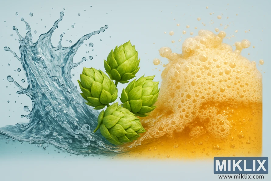Ilustrasi percikan cai, hops héjo, sareng busa emas anu melambangkan pembuatan bir Hefeweizen.