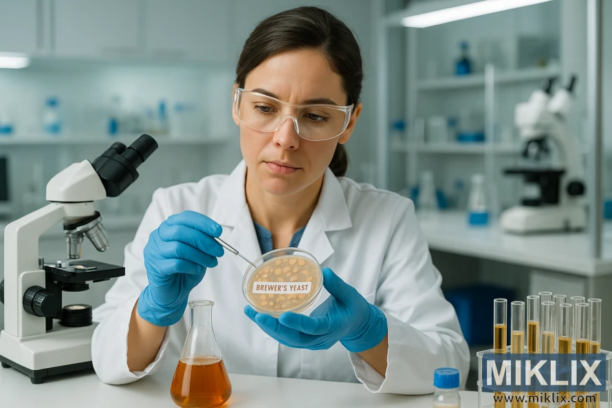 Sieviete zinātniece pēta alus raugu tīrā, modernā laboratorijā.