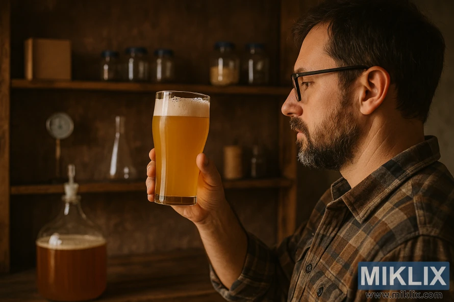 Mājas alus darītājs rūtainā kreklā lauku vidē vērtē dūmakaini zeltainu Vitbier alu.
