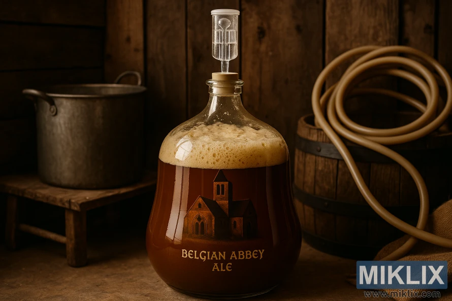 Rustic homebrewing scene with a glass carboy fermenting Belgian Abbey Ale.