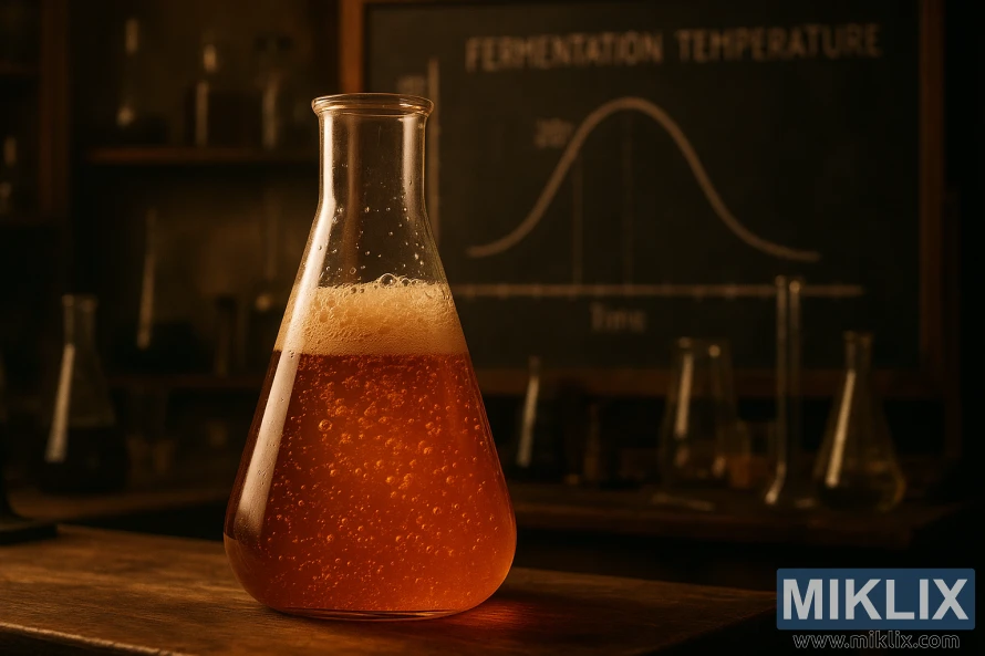 Amber liquid fermenting in a large glass flask on a rustic wooden workbench.
