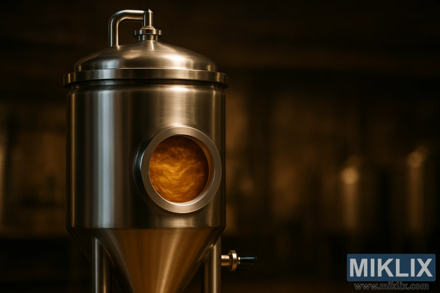 Stainless steel conical fermenter glowing with golden liquid in a brewery setting.